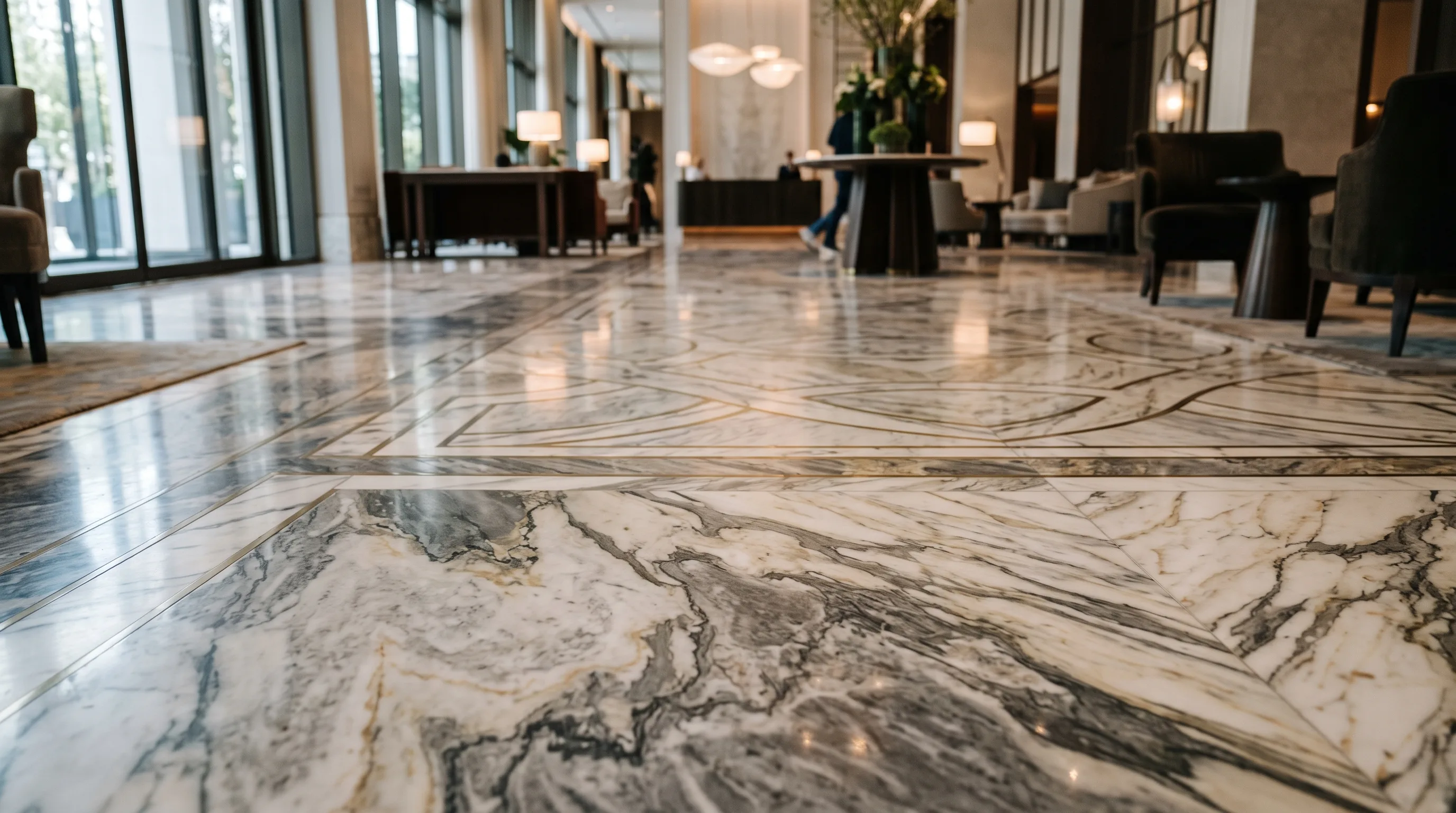 Wnętrze eleganckiego hotelu z efektownie ułożonymi płytkami podłogowymi w marmurowym wzorze