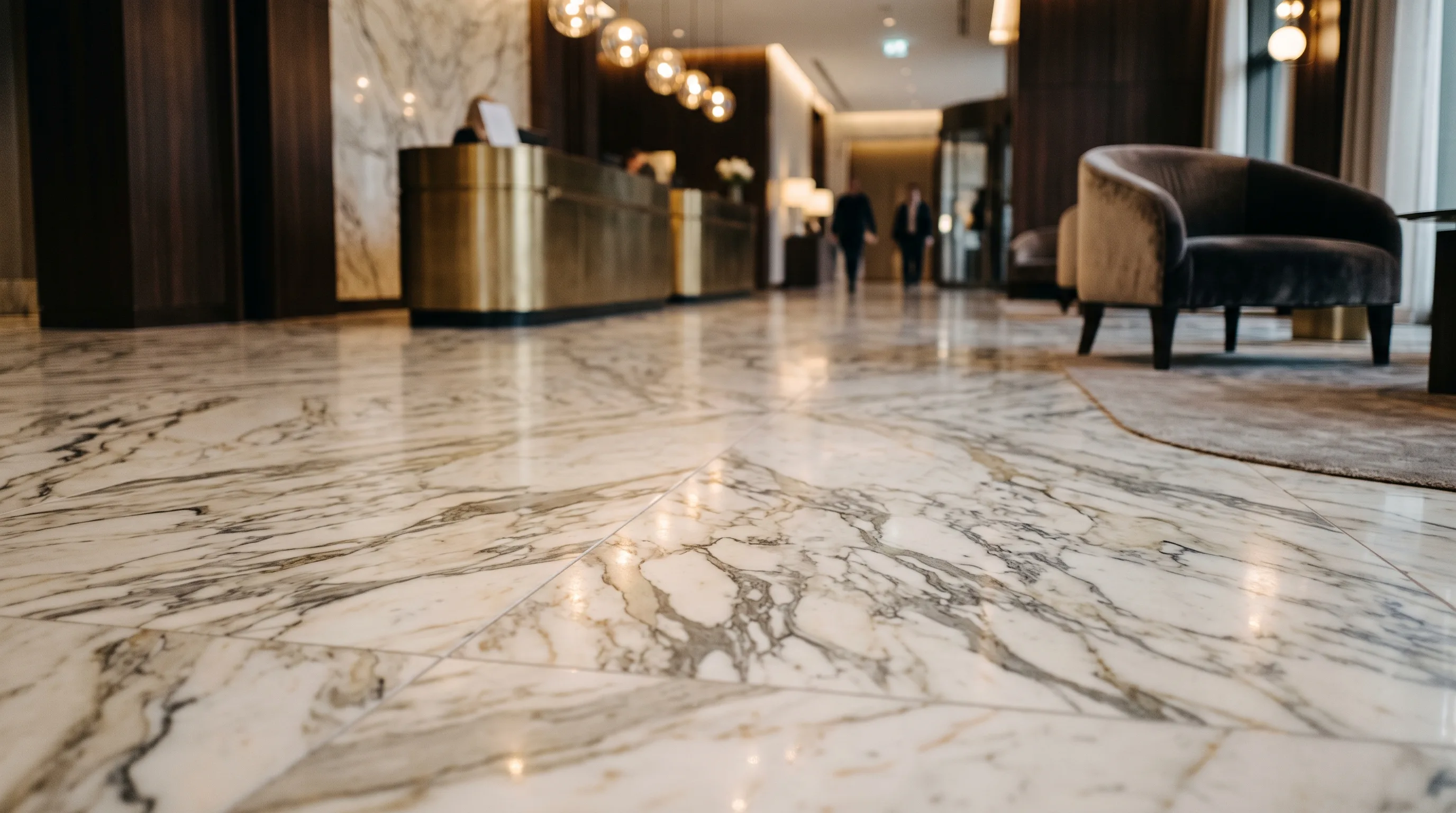 Wnętrze z marmurową podłogą w hotelu z eleganckim wystrojem