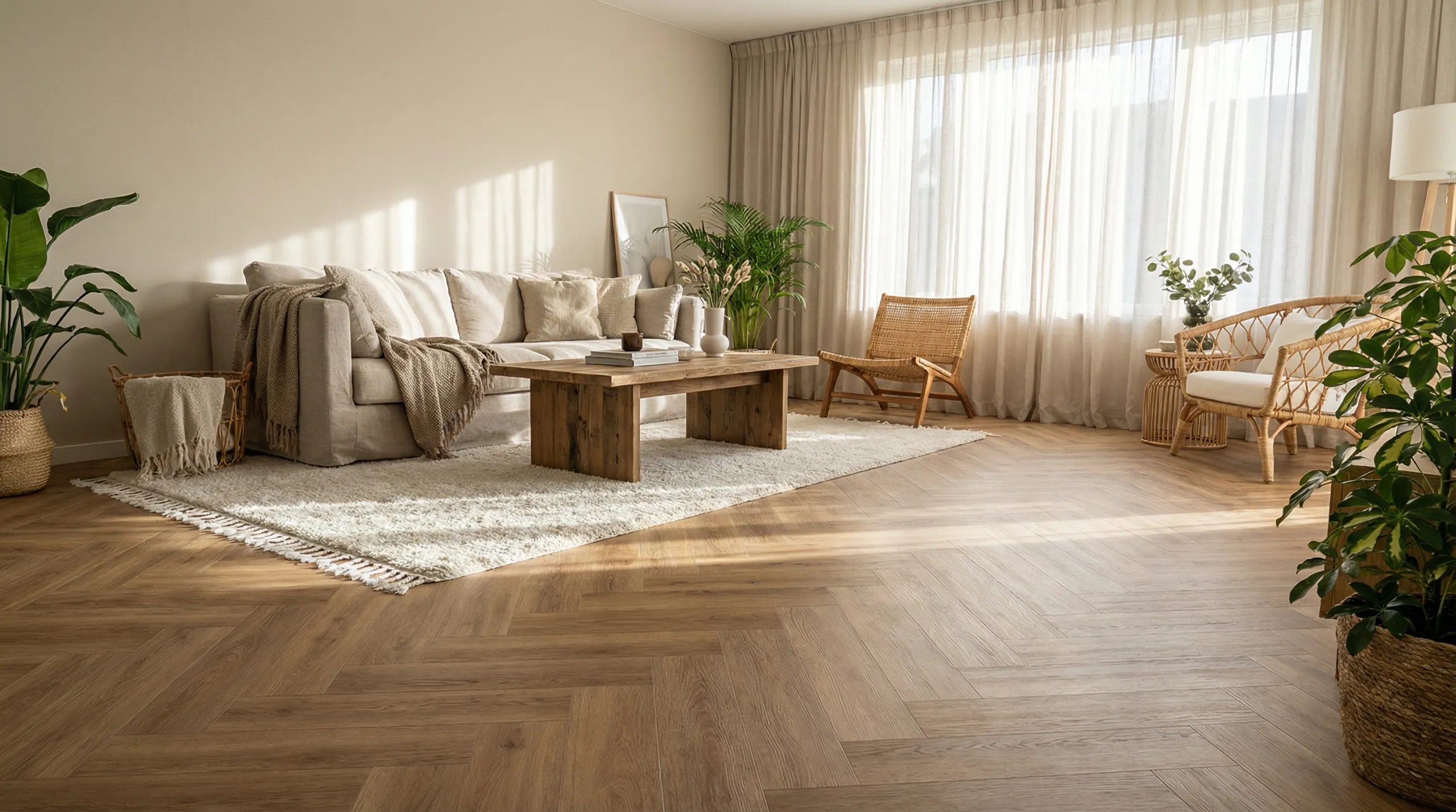 Nowoczesny salon z podłogą winylową, dużymi oknami i stylowym umeblowaniem